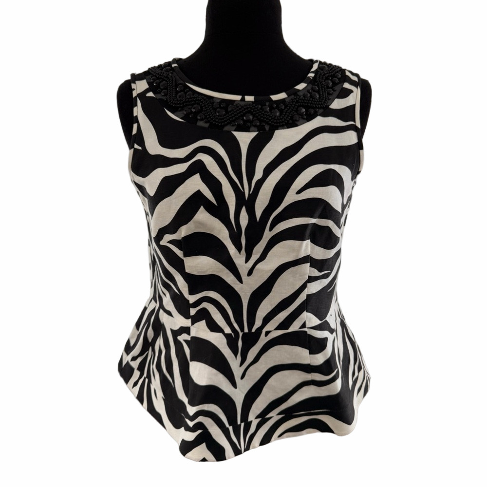Vintage Nipon Boutique Zebra Beaded Peplum Top Size 8 Linen Blend Sleeveless